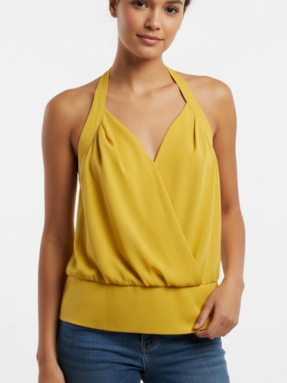 New York & Company Mustard Halter Surplice Top XL